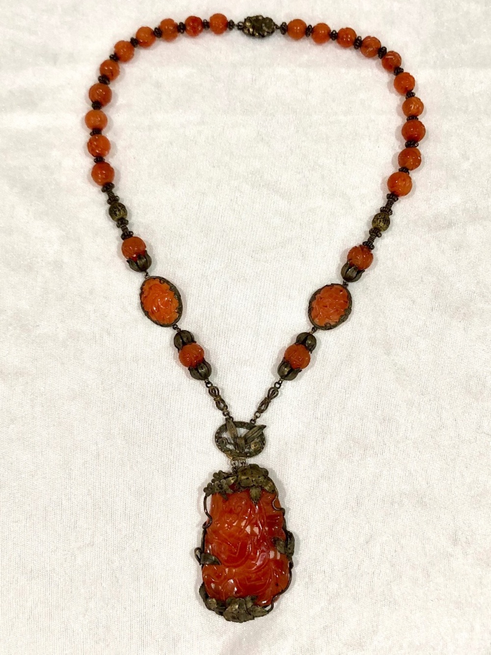 Antique Chinese Art Deco Carved Carnelian Silver Necklace Bat Floral Motif